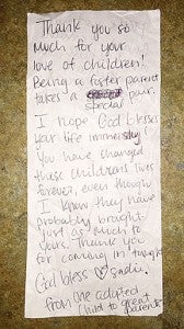 butch jones Waitress Sadie Johnson left this note on the back of the receipt thanking the Joneses for being foster parents. Johnson, who is a server at Old Venice Pizza, was also adopted and paid for the Jones’ meal.