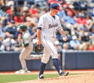 Ole Miss pitcher David Parkinson (10) walks back to the mound after giving up a second home run to Tulane first baseman Hunter Williams. (Bruce Newman)