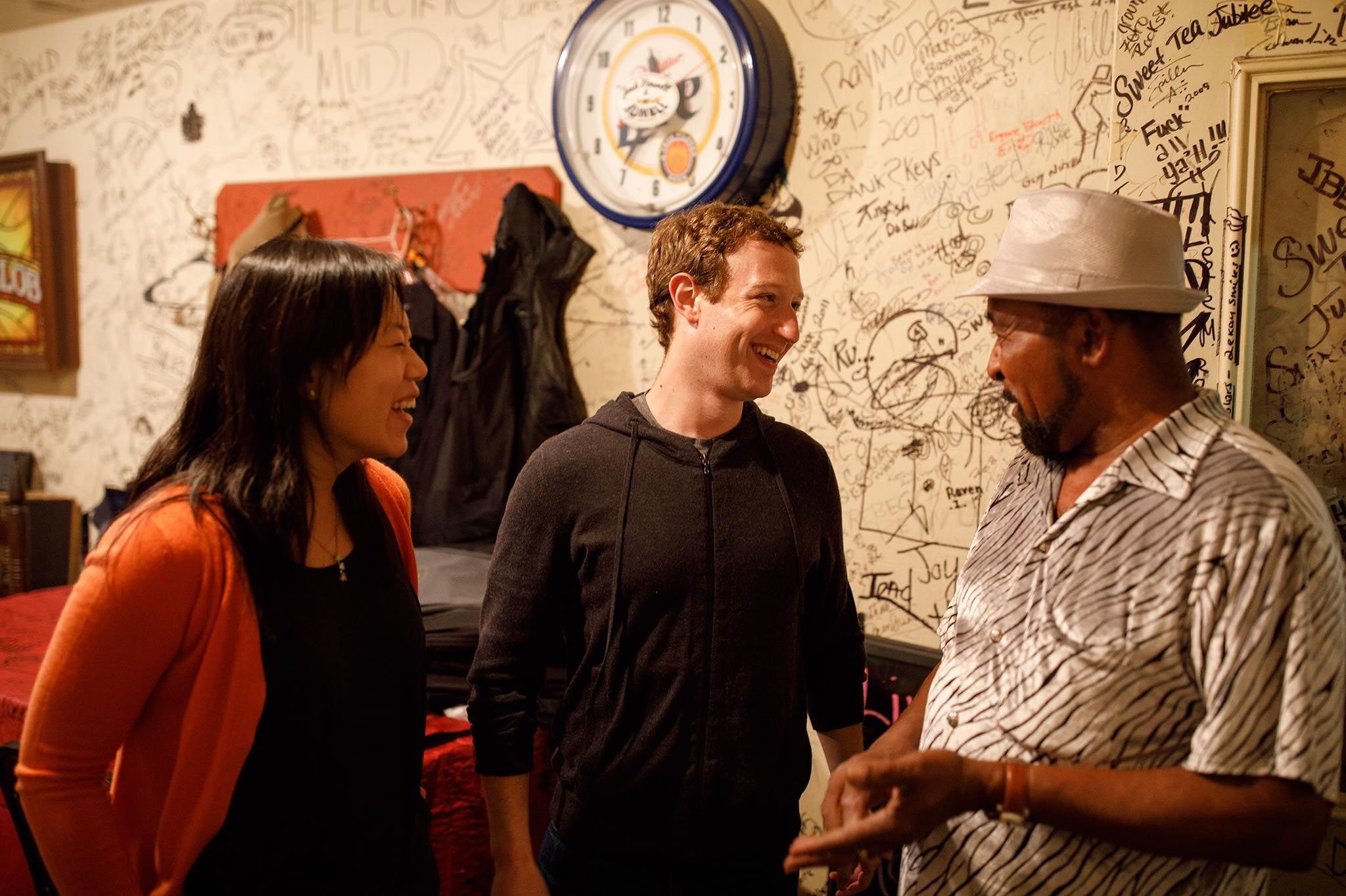 Facebook CEO Mark Zuckerberg (middle) and wife Priscilla Chan stopped in Clarksdale, Mississippi, Tuesday night as part of a road trip with the goal of visiting communities in every state by the end of 2017. (Mark Zuckerberg/Facebook)