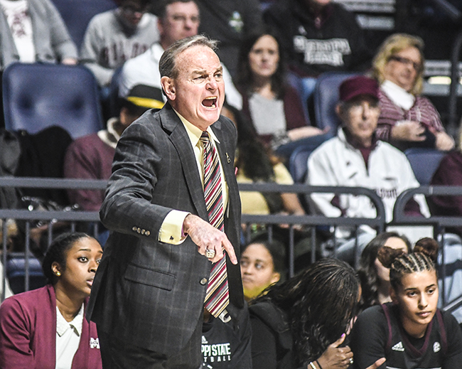 Mississippi State women's basketball coach Vic Schaefer bounces for