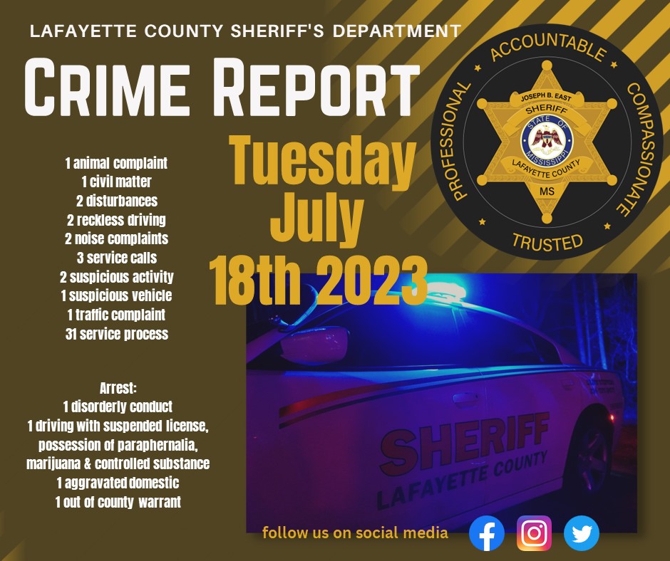 Lafayette County Sheriff's Department July 18 crime log The Oxford