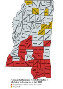A map of Mississippi displays 25 counties in red, six in yellow.